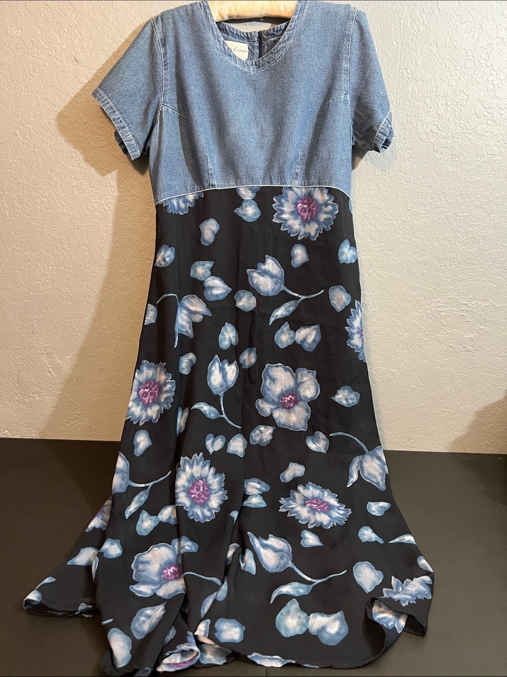Girls' Black Floral Dress with Denim-Style Blue Bodice